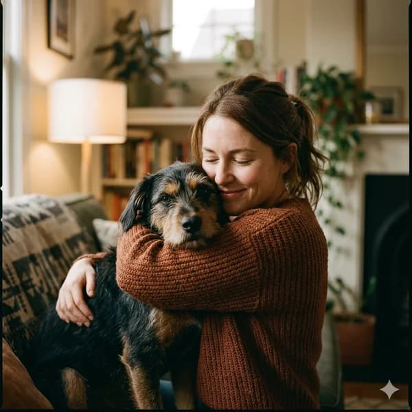 propriétaire serrant son chien dans ses bras