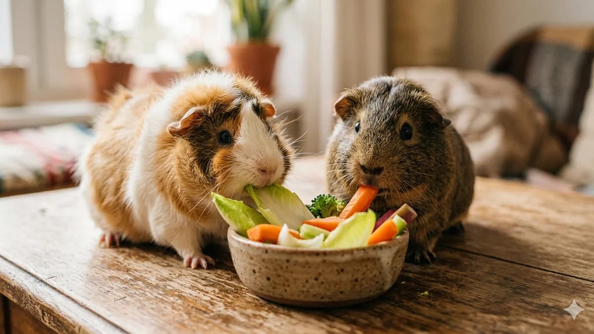 deux cobayes mangeant des légumes frais dans un bol