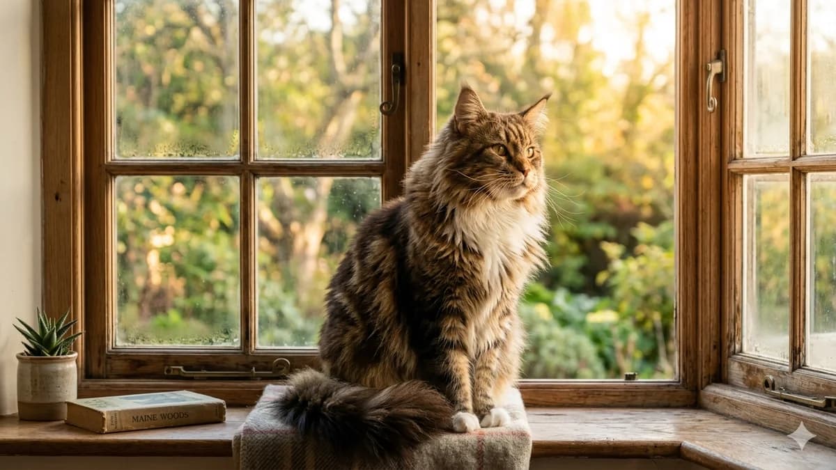 chat maine coon majestueux assis sur un rebord de fenêtre