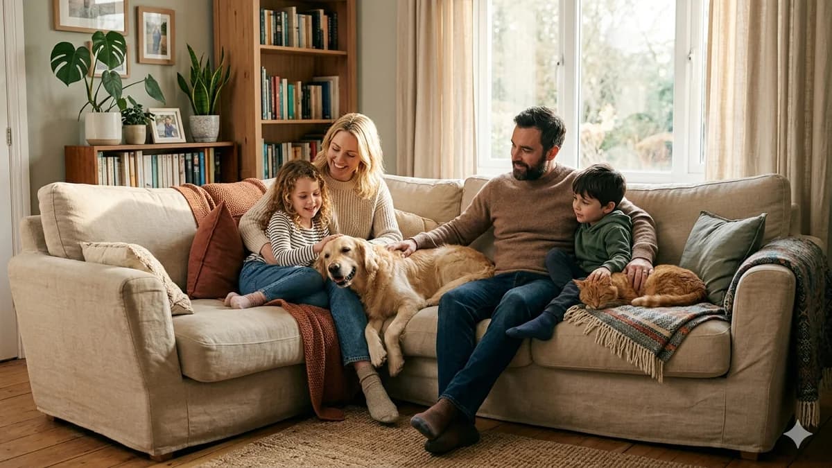 famille avec un chien et un chat sur un canapé