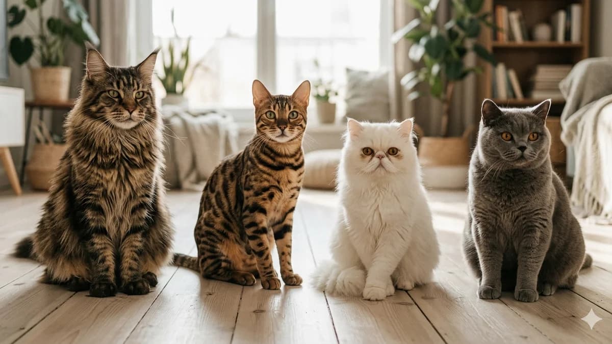 chats de races différentes dans une pièce lumineuse