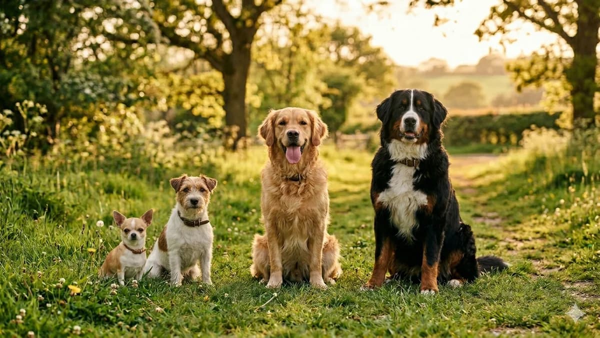chiens de races différentes dans un jardin ensoleillé