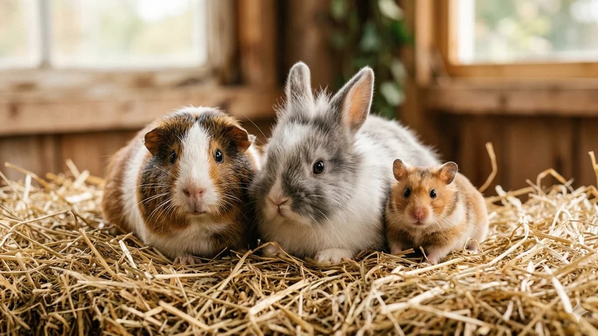 cochon d'Inde et lapin ensemble sur du foin