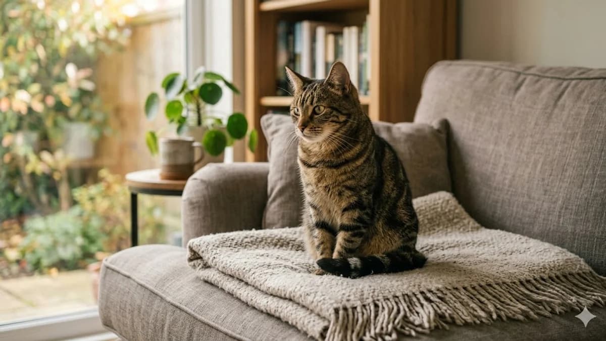 chat tabby allongé sur un canapé confortable