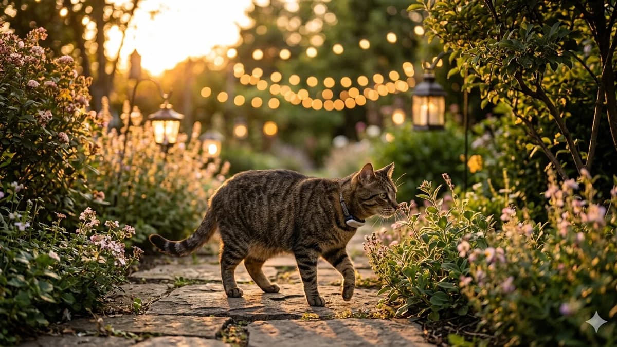 chat explorant un jardin au crépuscule avec un collier GPS