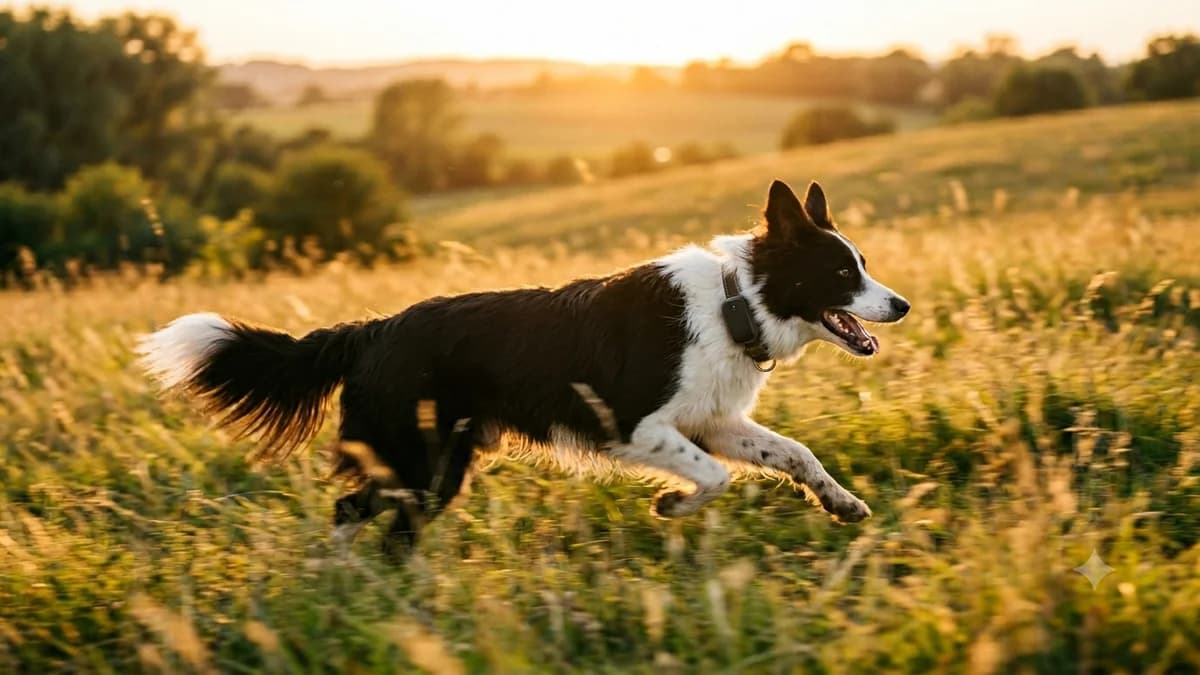 border collie courant dans un champ avec un traceur GPS sur son collier