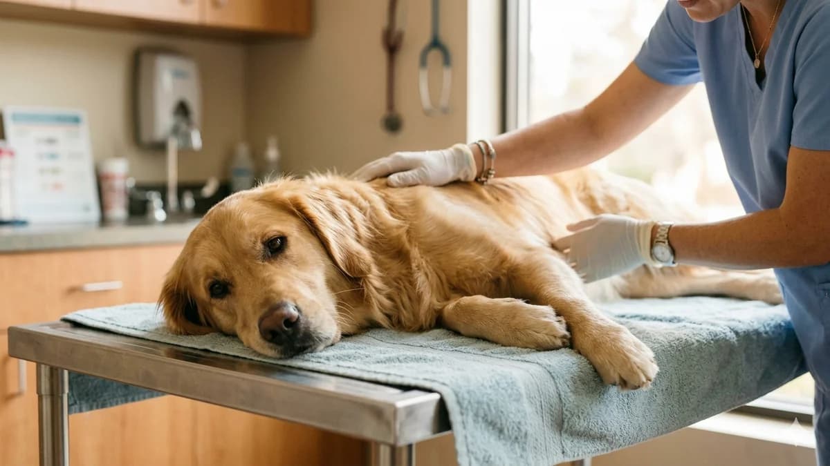 vétérinaire examinant un golden retriever en consultation
